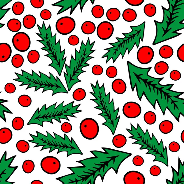Zökkenőmentes minta Színes piros és zöld körvonalú kézi rajz vektor illusztráció egy faragott karácsonyi Holly növény elszigetelt fehér alapon — Stock Vector