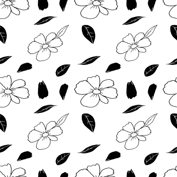 Ręczny wektor rysunku Ilustracja białych kwiatów z czarnymi liśćmi i płatkami wyizolowanymi na białym tle, bezszwowy wzór — Wektor stockowy