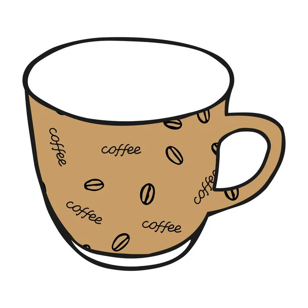 Dibujo a mano negro ilustración de una taza beige para té caliente con patrón de café aislado sobre un fondo blanco — Vector de stock