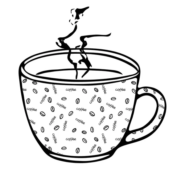 白を基調としたコーヒー柄の熱いお茶のためのカップの黒手描きイラスト — ストックベクタ