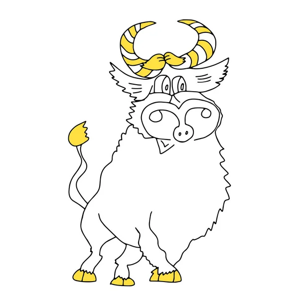 Zwarte en gele omtrek hand tekening vector illustratie van een stier voor Kerstmis en Nieuwjaar decoratie geïsoleerd op een witte achtergrond — Stockvector