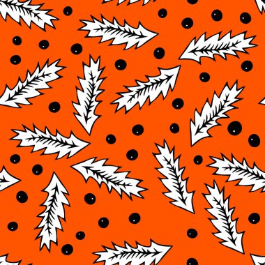 Turuncu arka planda izole edilmiş oyulmuş bir Noel bitkisinin çizim el çizimi çiziminin kusursuz deseni.