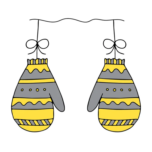Illustration Pair Yellow Gray Knitted Mittens Isolated White Background Looks — Vector de stock