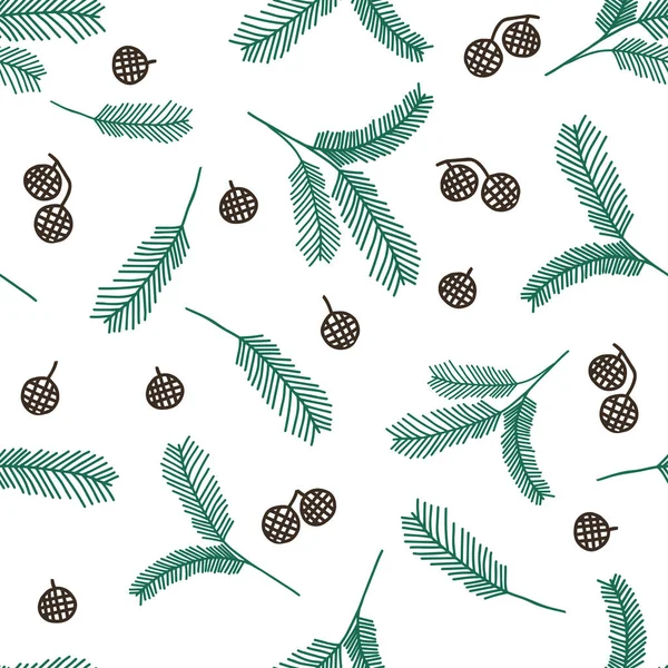 Beyaz arka planda kahverengi kozalaklı oyulmuş bir Noel köknar dalının kusursuz bir çizim el çizimi çizimi örneği.