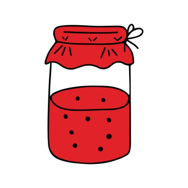 Beyaz arka planda izole edilmiş kiraz reçeli veya kompostosu olan cam şeffaf bir kavanozun kırmızı el çizimi.