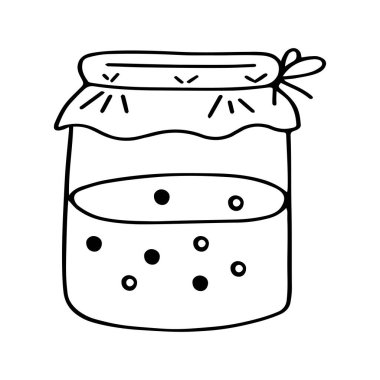 Beyaz zemin üzerinde kiraz reçeli veya kompostosu olan cam bir kavanozun Kara El çizimi çizimi