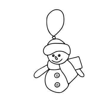 Beyaz arka planda izole edilmiş siyah ve eğlenceli bir kardan adam tasviri dekorasyon için noel balosuna benziyor.