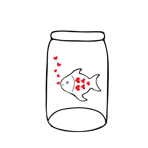Black Hand Drawing Vector Illustration Glass Jar Fish Red Hearts — Stock Vector