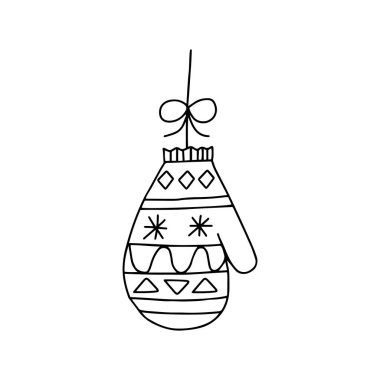 Beyaz arka planda izole edilmiş siyah örülmüş bir eldiven tasviri dekorasyon için noel balosuna benziyor.