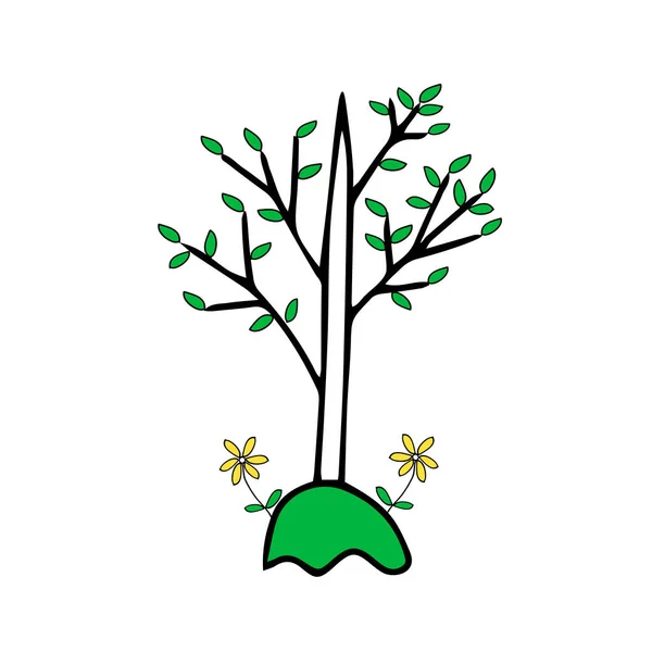 Black outline hand drawing vector illustration of a deciduous tree with green fresh leaves and two yellow flowers in summer isolated on a white background — Stock Vector
