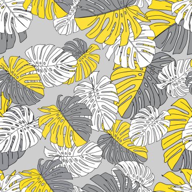 Gri arka planda izole edilmiş sarı ve beyaz yaprak canavarı tasviri. Kusursuz desen