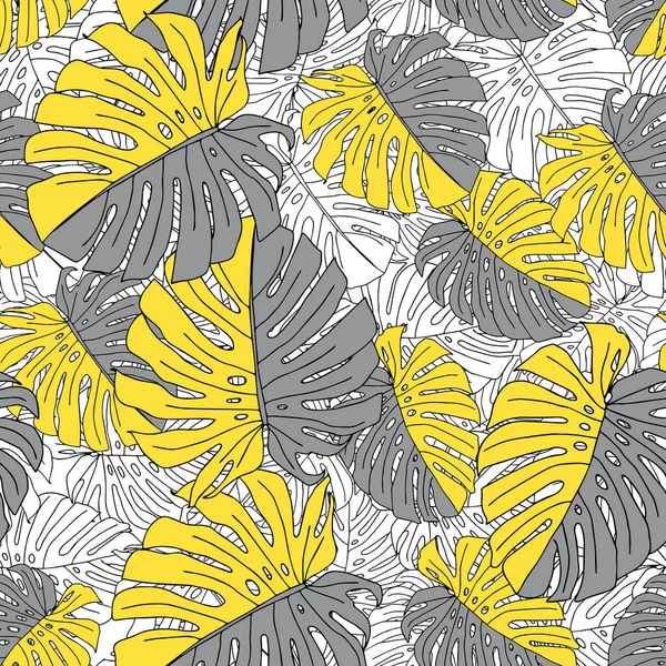 Εικονογράφηση του κίτρινου και γκρι φύλλα monstera απομονώνονται σε λευκό φόντο. Σχέδιο χωρίς ραφή — Διανυσματικό Αρχείο