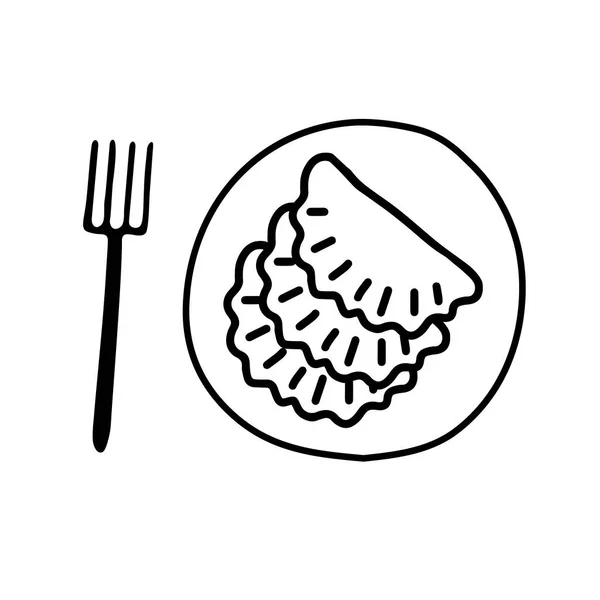 Ilustrasi vektor garis besar gambar tangan hitam dari sekelompok chebureks panas atau pangsit di piring dengan garpu yang diisolasi di latar belakang putih untuk liburan atau makan malam untuk buku masak - Stok Vektor
