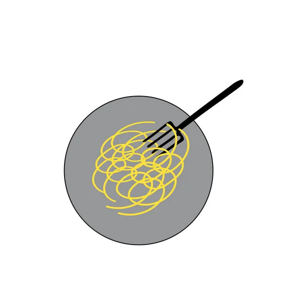 Ilustrație Vectorială Plană Desenată Manual Negru Spaghete Fierbinți Placă Furculiță — Vector de stoc