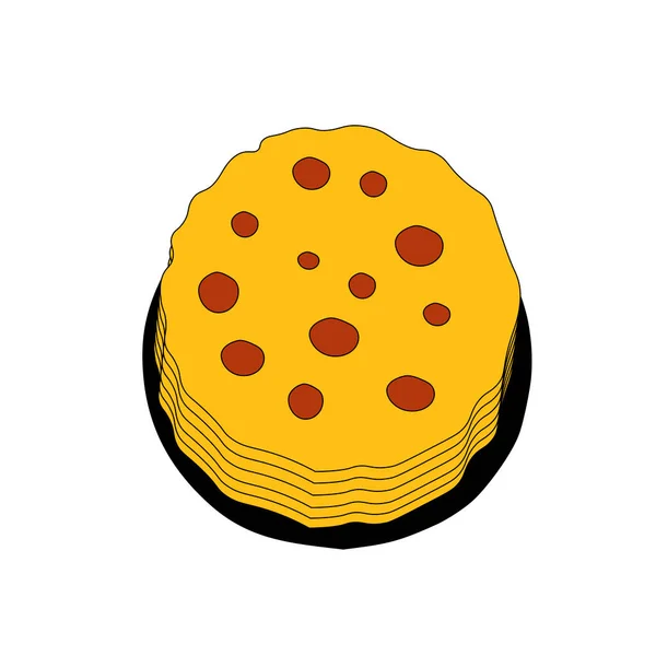 손으로 윤곽은 아침이나 식사를 뜨거운 노란색 팬케이크 그룹의 삽화이다 — 스톡 벡터