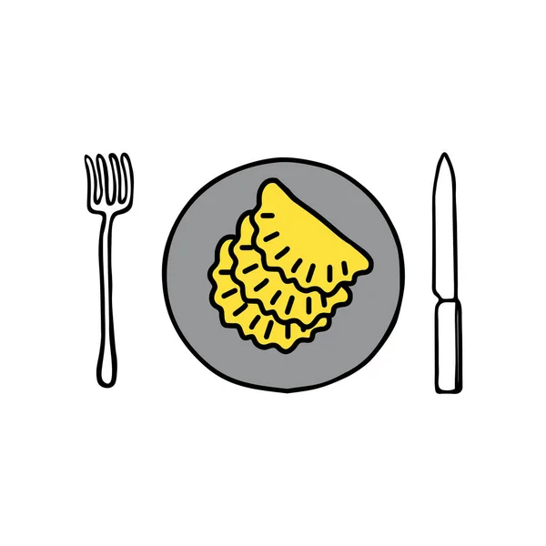 用叉子和刀叉在盘子上的一组热的饺子或饺子的黑色手绘平面图 黄色和灰色 — 图库矢量图片