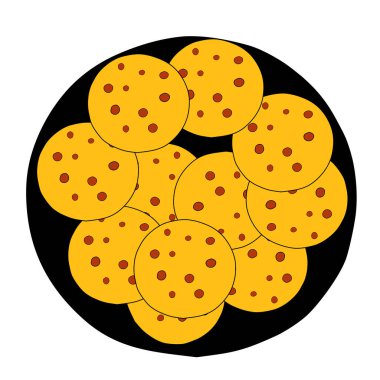 El çizimi düz vektör çizimi. Siyah tavada bir grup sıcak sarı krep kahvaltıda beyaz arka planda izole edilmiş.