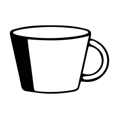 Siyah beyaz bir el, beyaz arka planda izole edilmiş sıcak çay ya da kahve için bir fincanın ana hatlarını çiziyor.