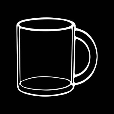 Beyaz bir el, siyah bir fonda izole edilmiş sıcak çay ya da kahve için şeffaf bir bardak çizmiş.