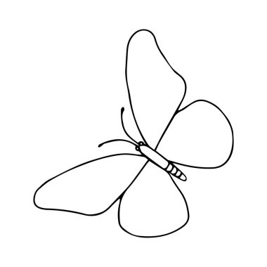 Bir kelebeğin el çizimi siyah çizimi beyaz arka planda uçuyor.