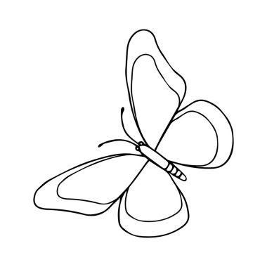 Bir kelebeğin el çizimi siyah çizimi beyaz arka planda uçuyor.