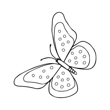 Bir kelebeğin el çizimi siyah çizimi beyaz arka planda uçuyor.