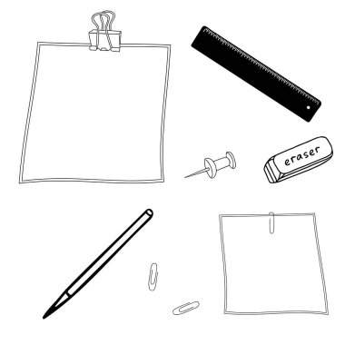 Kırtasiye araçlarının el çizimi siyah vektör illüstrasyonuName