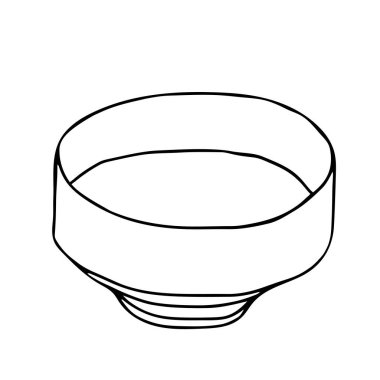 Siyah beyaz el, beyaz arka planda izole edilmiş bir fincan veya kasenin ana hatlarını çiziyor.