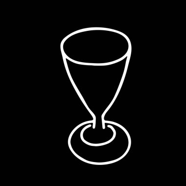 Beyaz bir el, siyah arka planda izole edilmiş şeffaf bir şarap kadehinin çizimi.