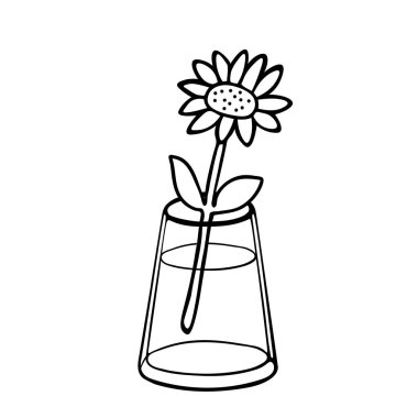 Beyaz arka planda izole edilmiş cam vazodaki siyah ayçiçeğinin vektör çizimi