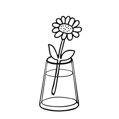 Beyaz arka planda izole edilmiş cam vazodaki siyah ayçiçeğinin vektör çizimi