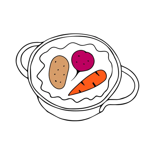 用黑色手绘的一个平底锅的草图 平底锅在热水中装有彩色蔬菜 用于烹调 在白色背景下隔离 顶部视图 — 图库矢量图片