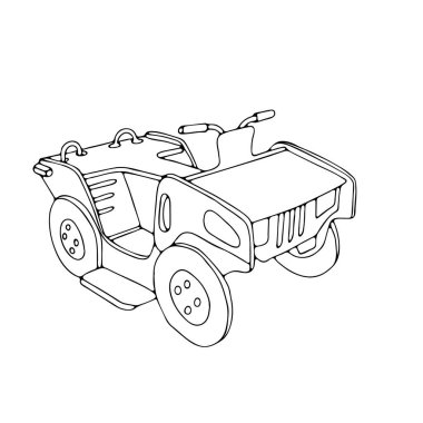 Çocuklar için boyama kitabı için beyaz bir arkaplanda izole edilmiş oyuncak ahşap arabanın güzel bir el çizimi siyah vektör çizimi.