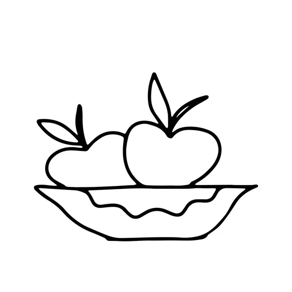 Esquema Vectorial Ilustración Dos Manzanas Frescas Con Hojas Aisladas Plato — Vector de stock