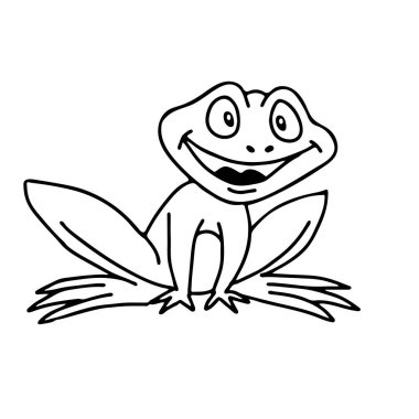 Beyaz bir arka planda izole edilmiş güzel, mutlu bir kurbağanın çizilmiş bir çizimi.