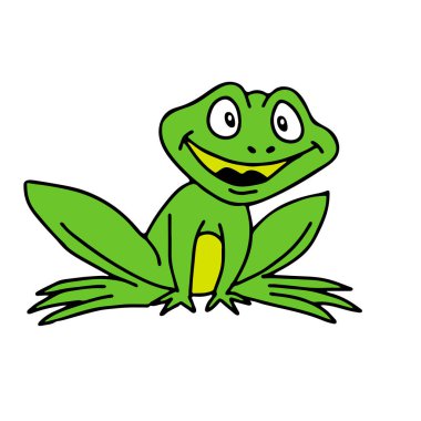 Beyaz arka planda izole edilmiş güzel, mutlu bir kurbağanın çizilmiş yeşil vektör çizimi.