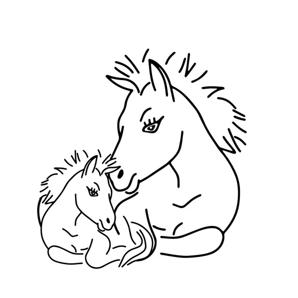 Černý Obrys Ručně Kreslení Vektor Ilustrace Koně Dítě Koně Ležící — Stockový vektor