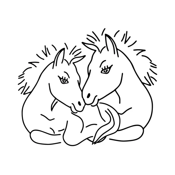 Black Outline Hand Drawing Vector Illustration Pair Horses Lying Grass — Stock Vector