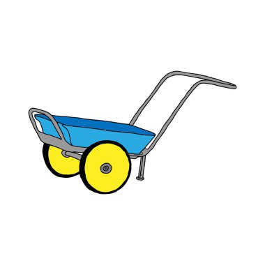 Bir El, beyaz arka planda izole edilmiş bahçe işleri için kulpları olan güzel bir metal kamyonun mavi vektör çizimi.