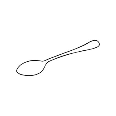 Beyaz arka planda izole edilmiş metalik kaşığın el çizimi siyah vektör çizimi