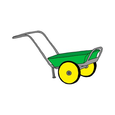 Bir El, beyaz arka planda izole edilmiş bahçe işleri için kulpları olan güzel bir metal kamyonun yeşil vektör çizimi.