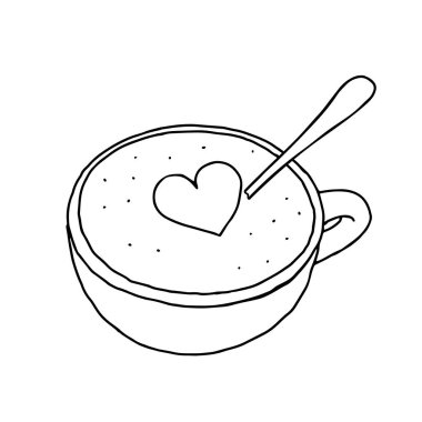 Siyah El, beyaz arka planda izole edilmiş kalp ve kaşıkla fincan kapuçinosunun ana hatlarını çizer.