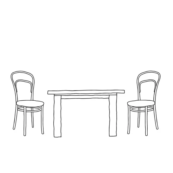 Esquema vectorial negro ilustración de una habitación con una mesa y un par de sillas sobre un fondo de pared blanco — Vector de stock