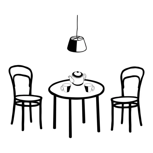 Svart vektor kontur illustration av en matsal med ett bord och vattenkoppar och ett par stolar och en elektrisk lampa på en vit vägg bakgrund — Stock vektor