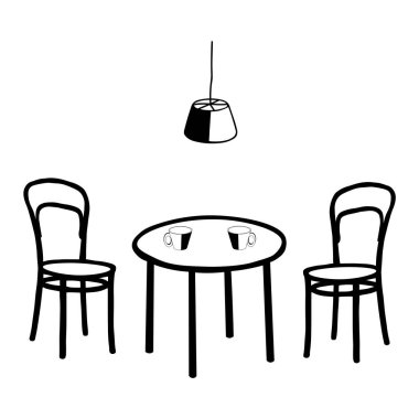 Siyah Vektör, beyaz arka planda bir masa, fincan, bir çift sandalye ve elektrikli lamba olan bir odanın tasviri.
