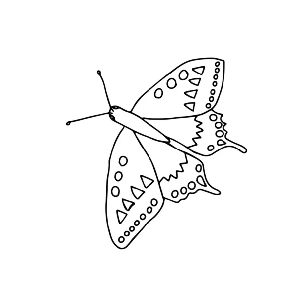 Kırlangıç kuyruklu bir kelebeğin el çizimi siyah çizimi beyaz arka planda uçuyor. — Stok Vektör