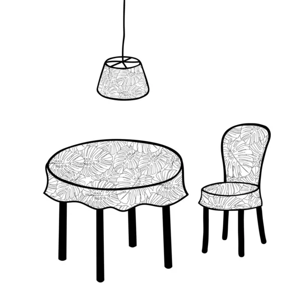 Esquema vectorial negro ilustración de una habitación con silla de mesa redonda y una lámpara sobre un fondo de pared blanco — Vector de stock