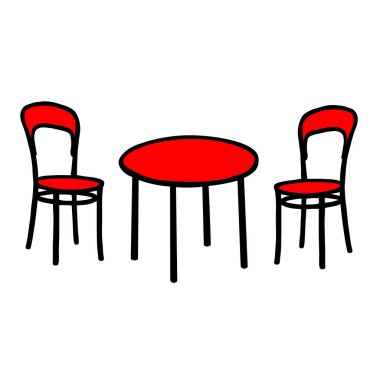 Kırmızı Vektör, beyaz arka planda bir masa ve bir çift sandalye olan bir odanın tasviri.