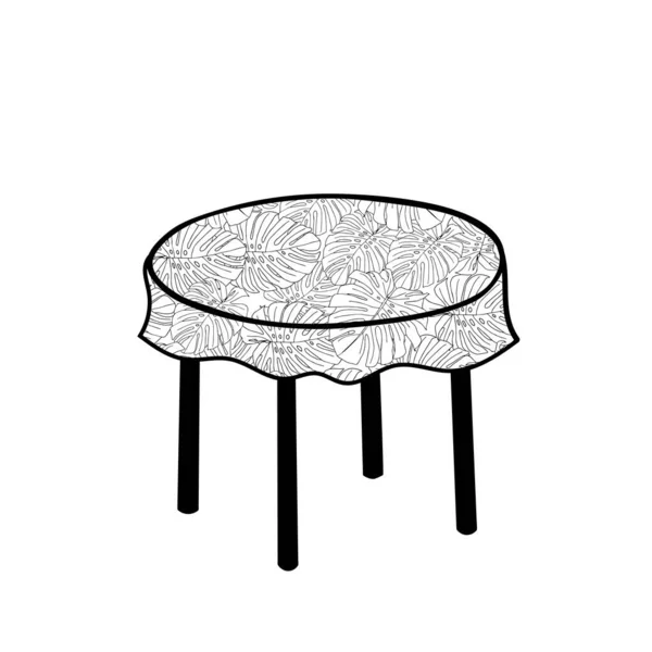 Esquema vectorial negro ilustración de una mesa redonda con mantel aislado sobre fondo blanco — Vector de stock