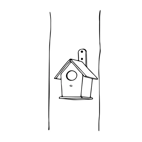 Desenho à mão preto ilustração vetorial de uma casa de pássaros ou esquilo para pássaros ou esquilo de novas tábuas está pendurado em uma árvore isolada em um fundo branco — Vetor de Stock